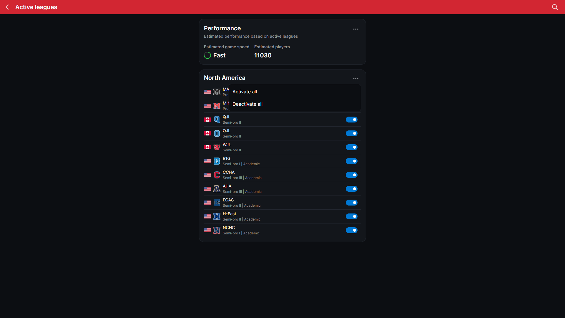 HLM Active Leagues menu with Activate All and Deactivate All controls
