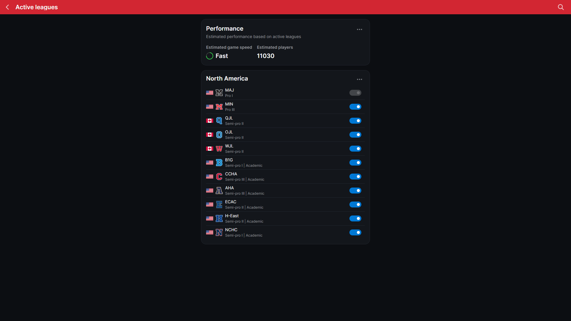 HLM Active Leagues screen with leagues grouped by region and an estimated performance indicator
