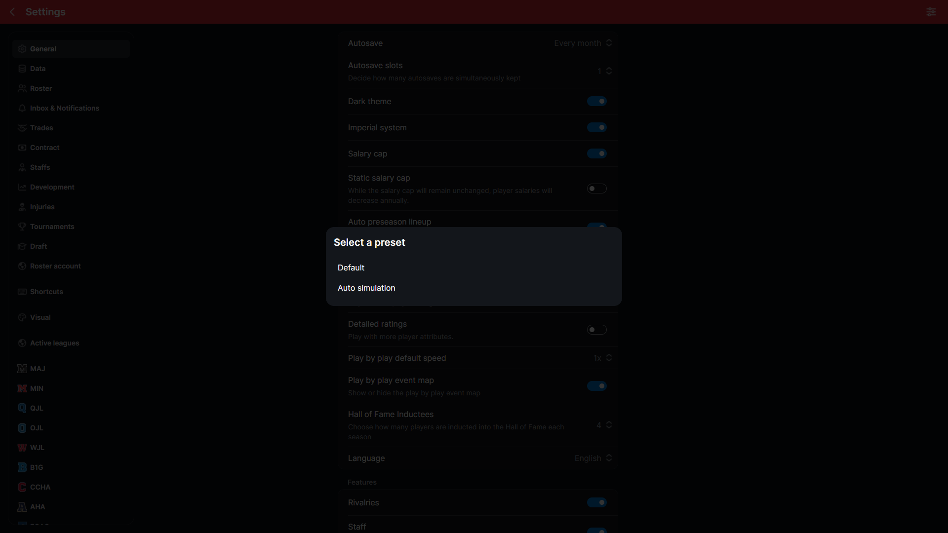 HLM Settings preset selector with Default and Auto Simulation choices