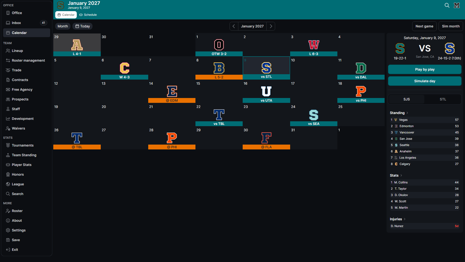 HLM calendar simulation window with a selected date and simulation controls