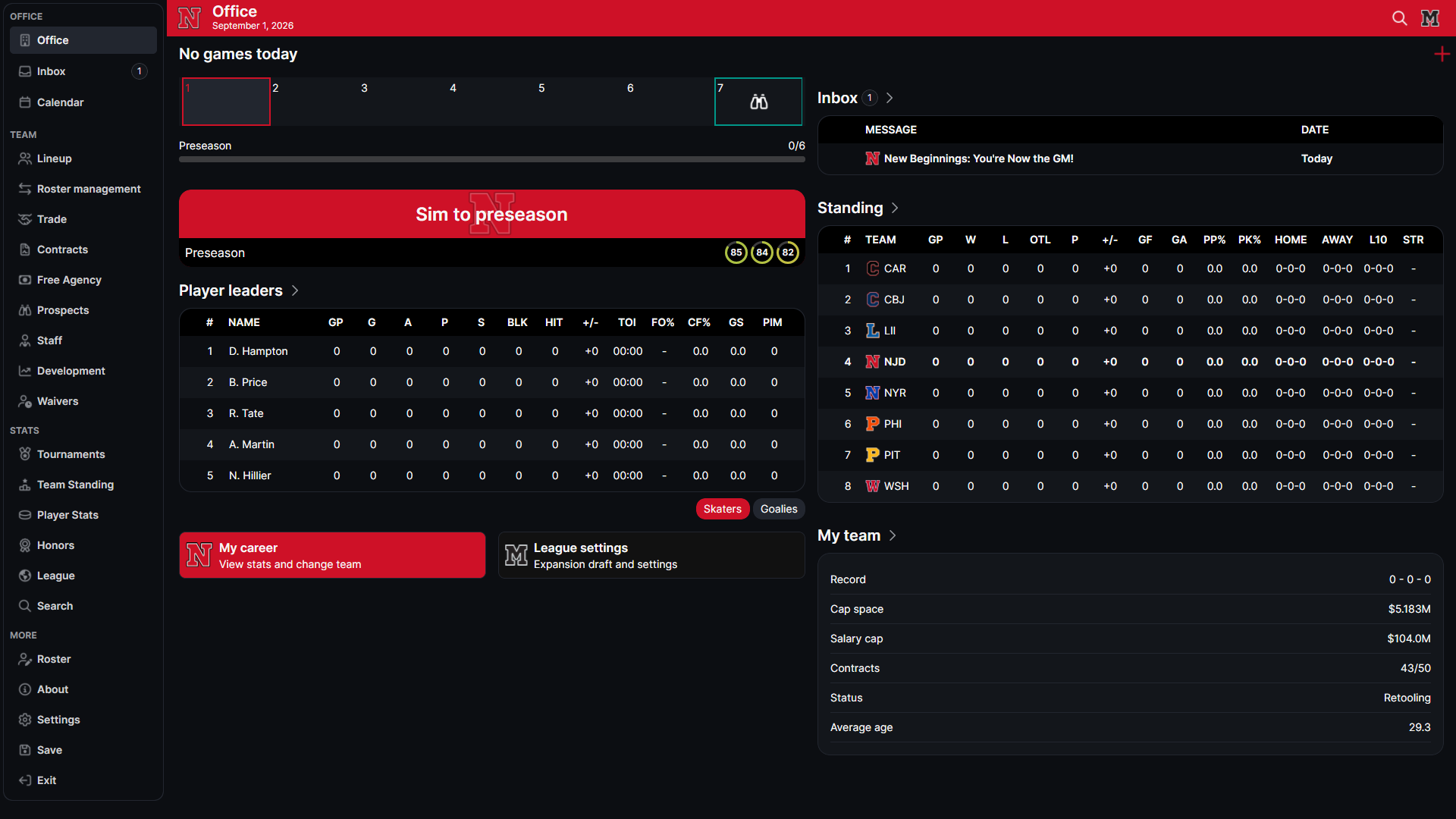 Hockey Legacy Manager career screen with the Office, Team, Stats, and More navigation areas visible
