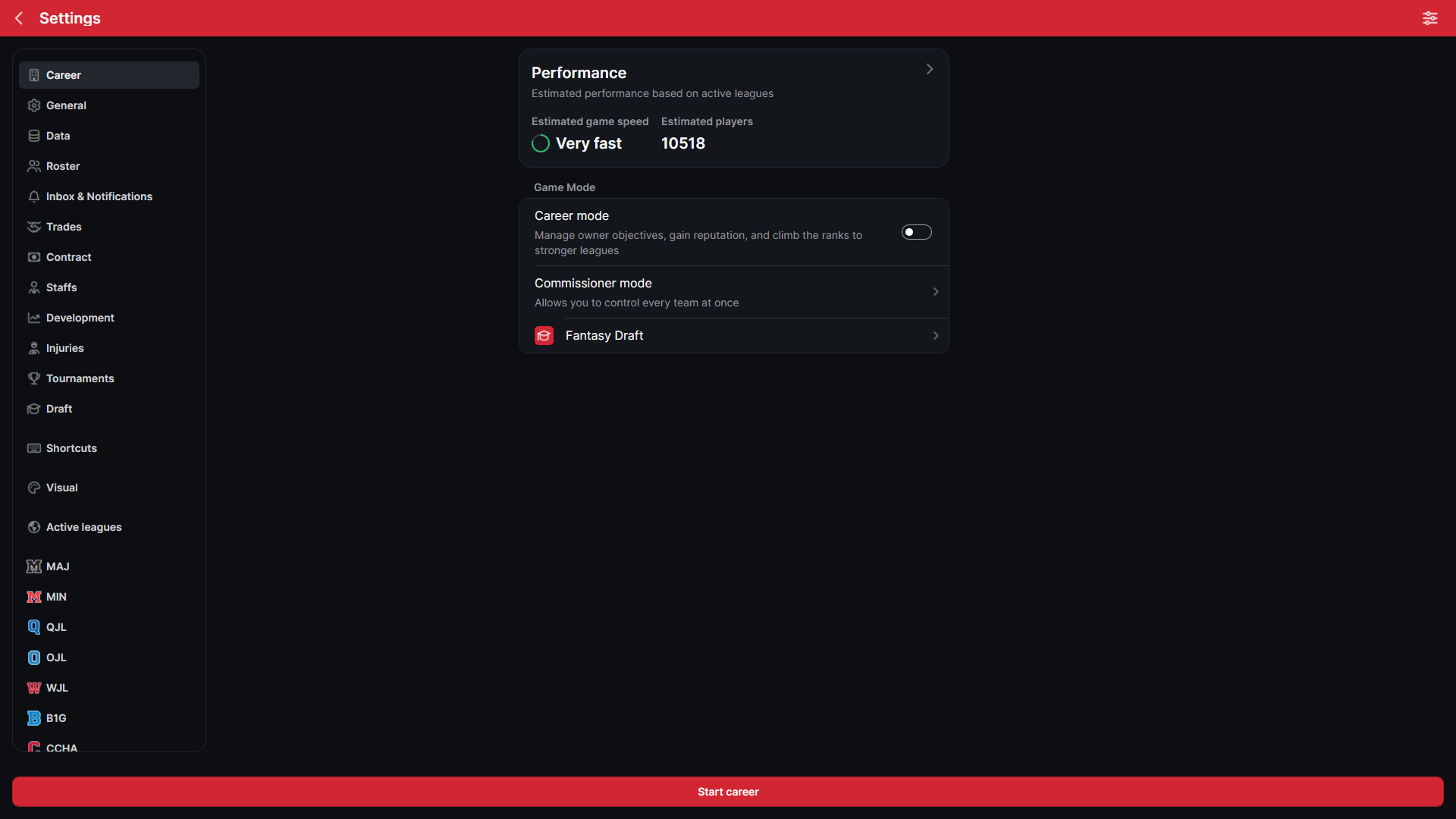 Hockey Legacy Manager career setup screen showing Career Mode, Commissioner Mode, and Fantasy Draft