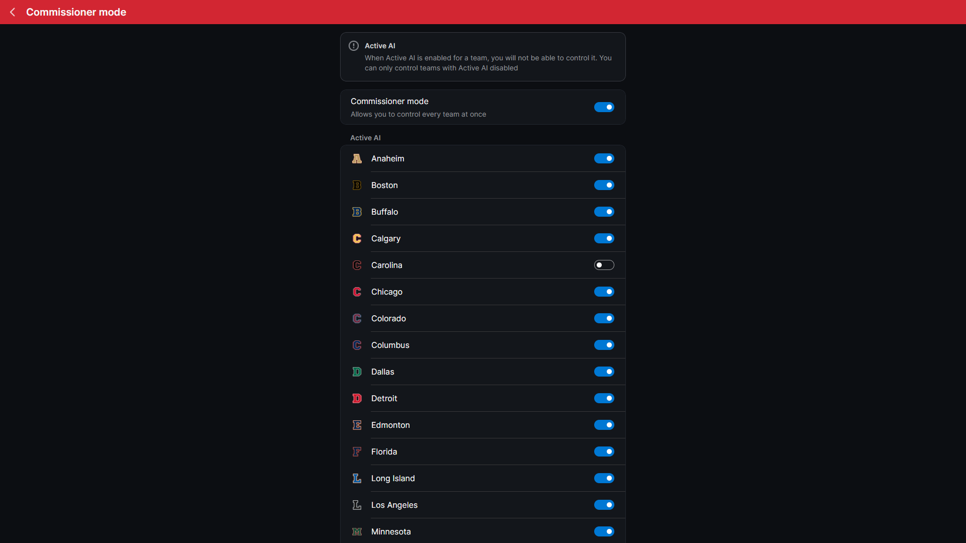HLM Commissioner Mode settings with a league selector and Active AI toggles for teams