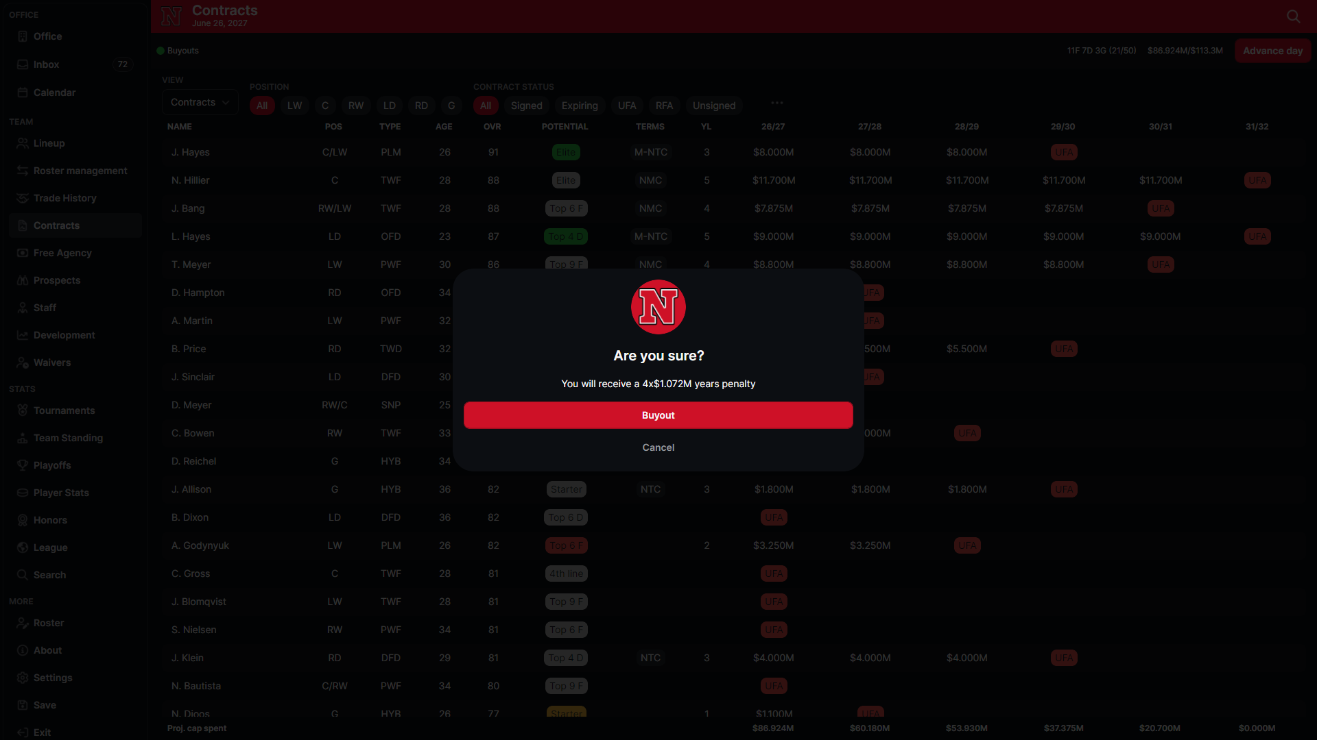 Hockey Legacy Manager buyout confirmation showing a player’s remaining contract, buyout duration, and yearly cost