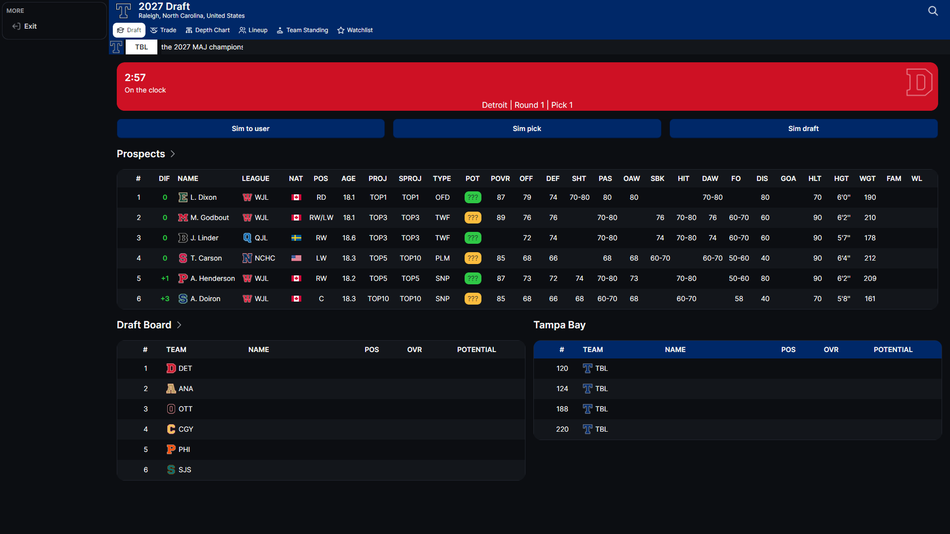 Hockey Legacy Manager draft screen showing the active pick, available prospects, user picks, league picks, and simulation controls