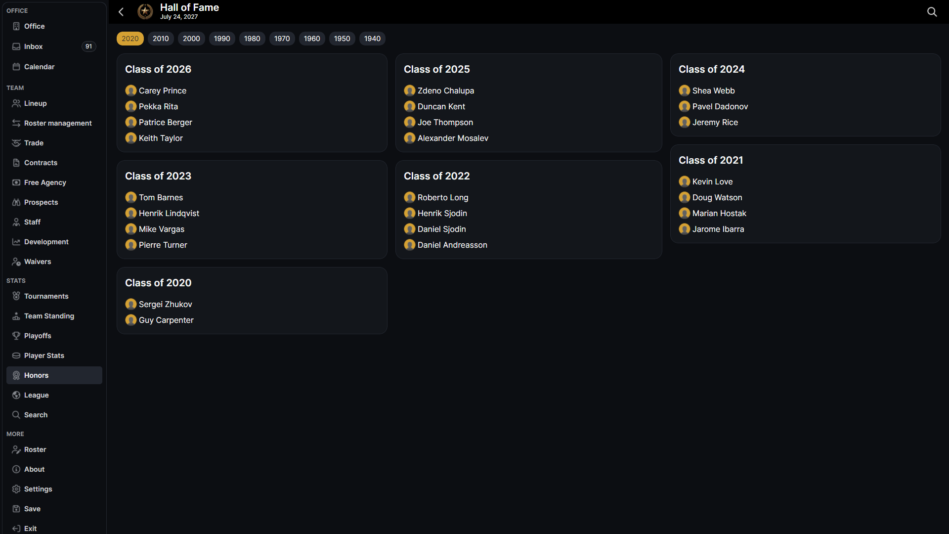 HLM Hall of Fame screen with decade filters and induction classes