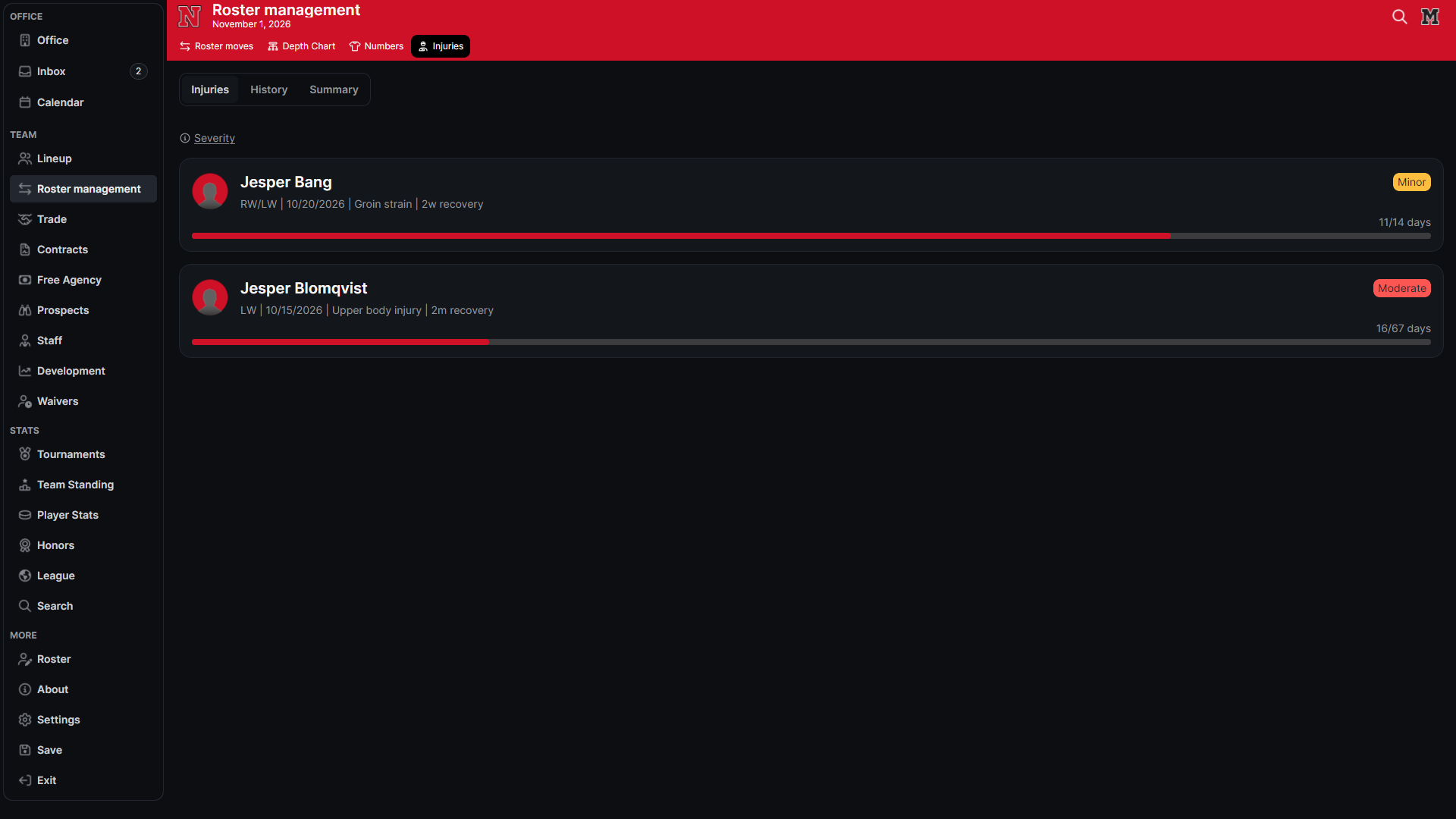 Hockey Legacy Manager Injury Reserve showing an injured player’s severity, recovery estimate, and recovery progress