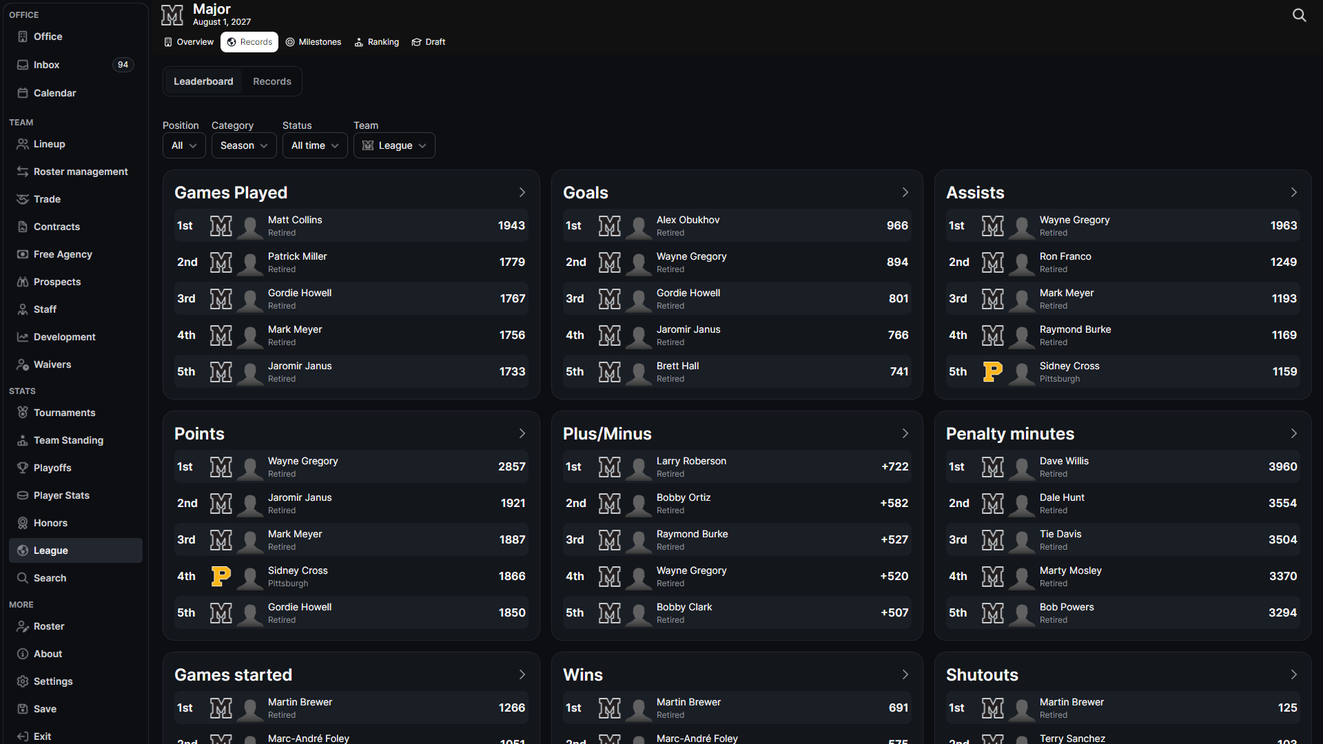 HLM league records screen with hockey record categories and historical leaders