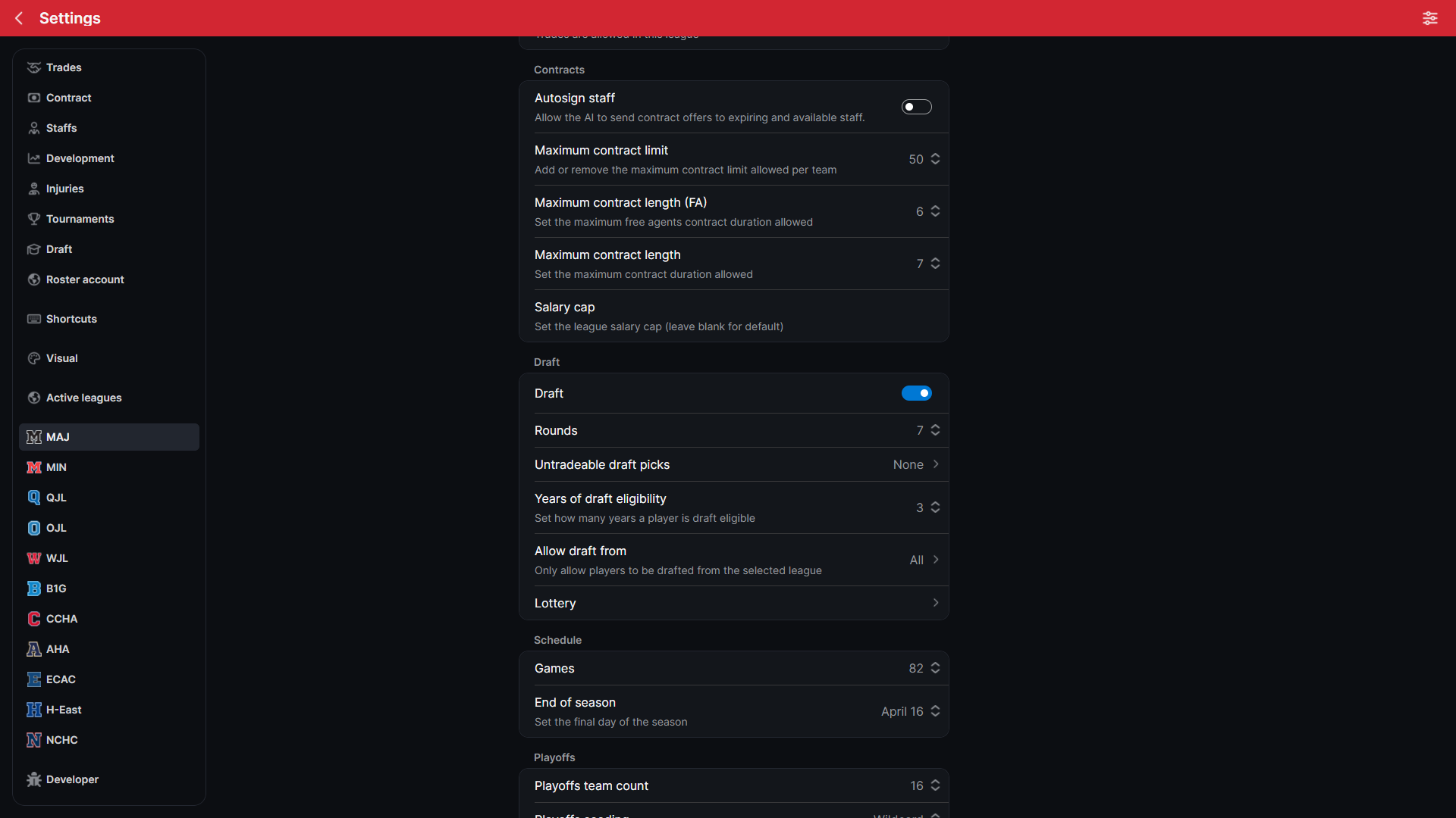 HLM League Settings screen showing contract, draft, schedule, playoff, and player eligibility rules