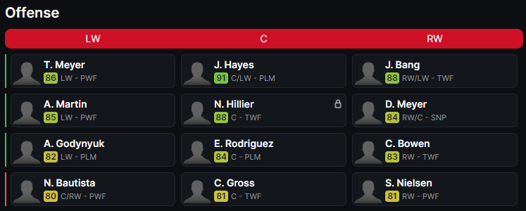 Hockey Legacy Manager lineup screen showing the Best Lines and Lock controls and a locked player