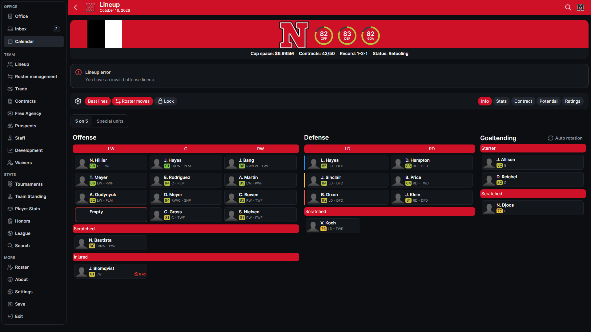 Hockey Legacy Manager lineup screen showing a Lineup error and the offense, defense, goalies, and special-units sections