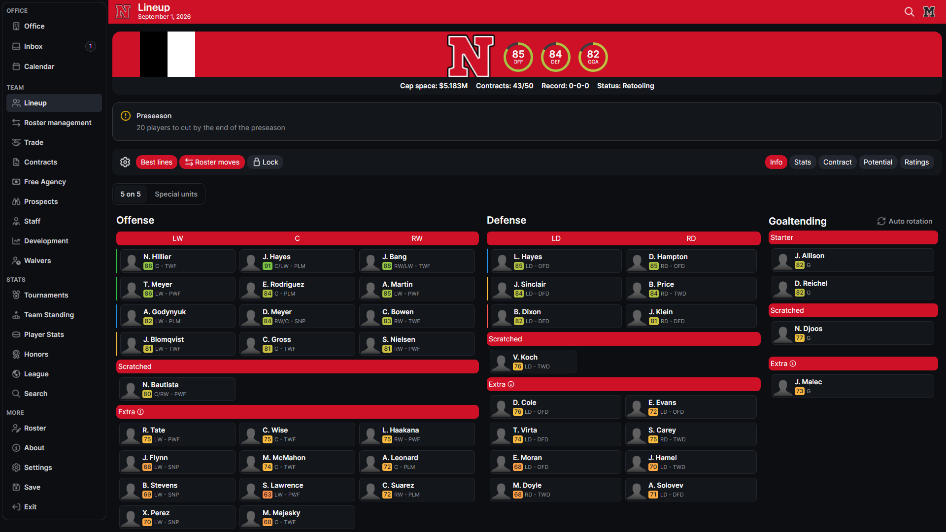Hockey Legacy Manager lineup screen showing forward lines, defensive pairs, goalies, and special teams