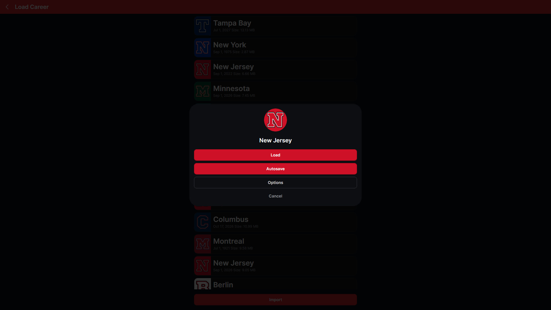 HLM Load Career screen with Load, Autosave, and Options controls