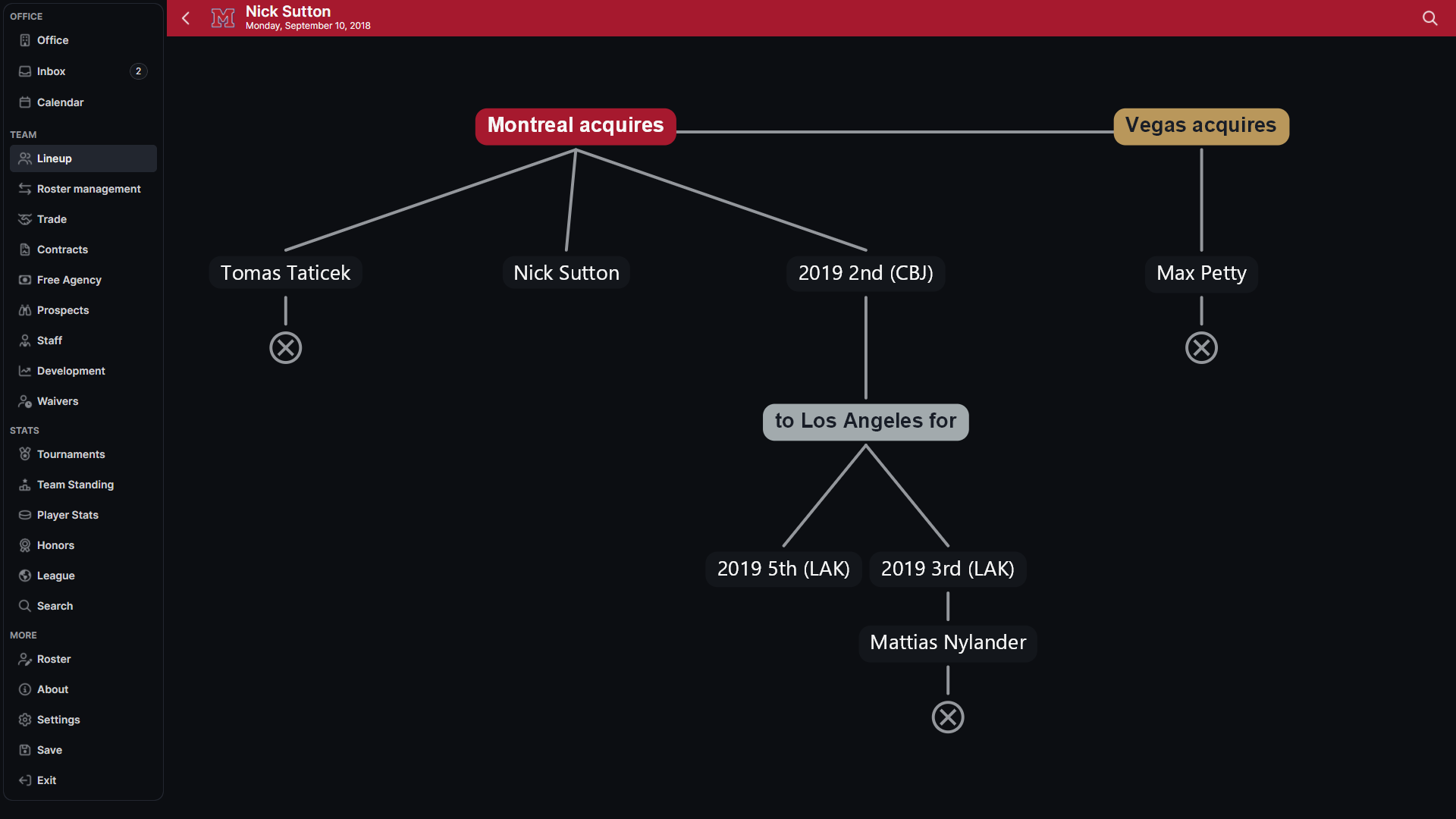 Hockey Legacy Manager Trade tree showing teams, players, and draft picks connected across multiple trades