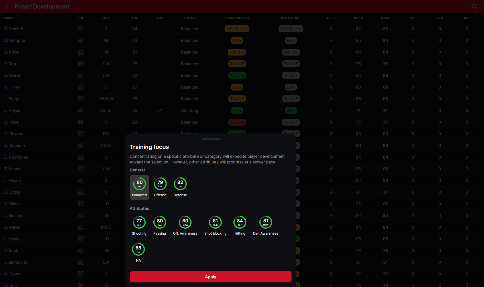 Hockey Legacy Manager Training focus panel showing Balanced, Offense, Defense, and individual rating choices