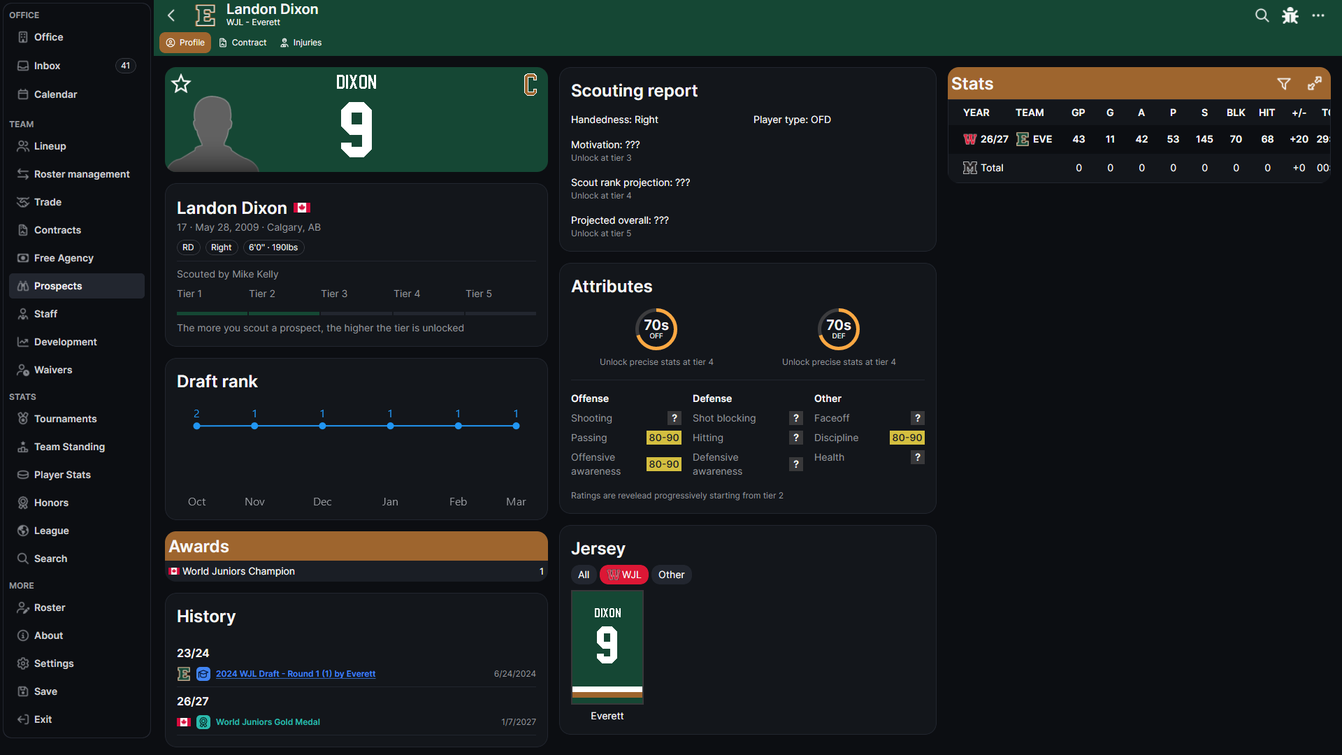 Hockey Legacy Manager undrafted prospect profile showing scouting report tiers, scout projection, and Povr