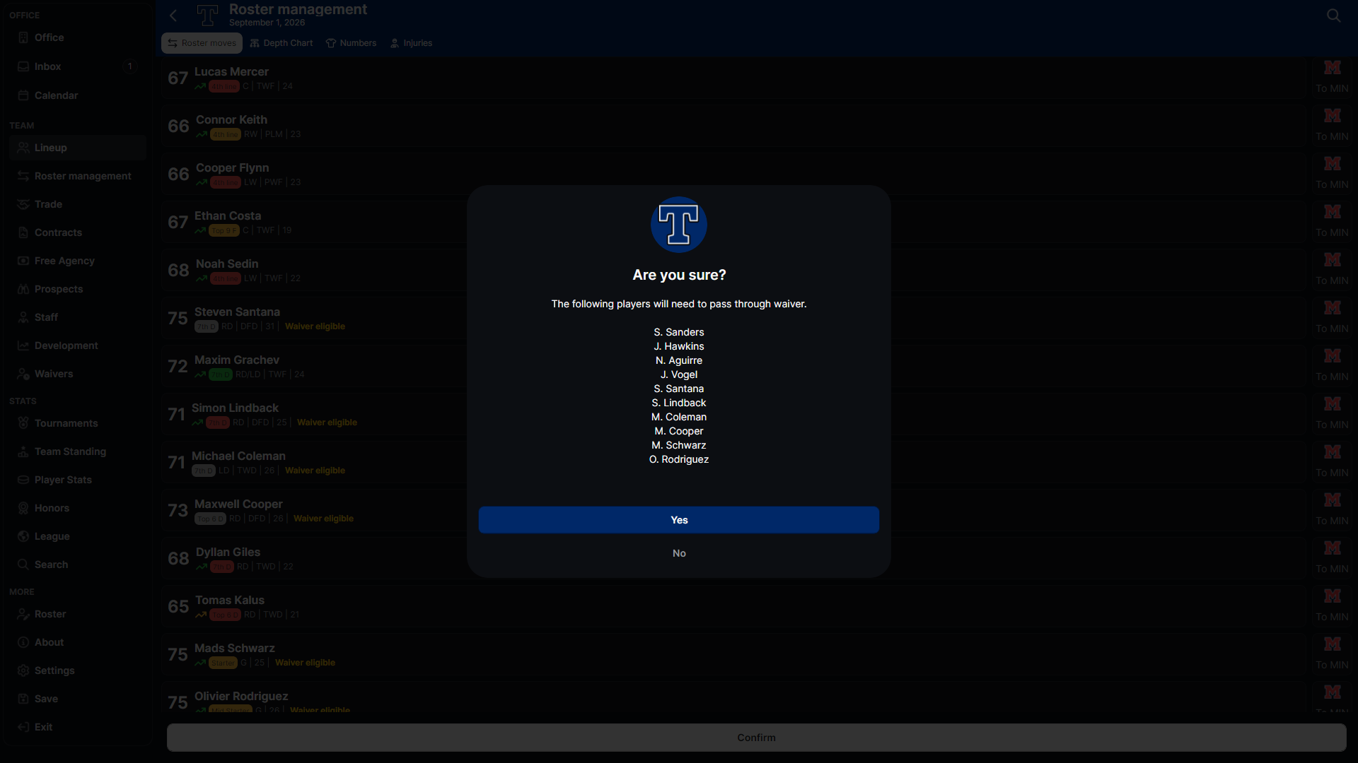 Hockey Legacy Manager Roster Moves confirmation listing a player who must pass through waivers before a loan
