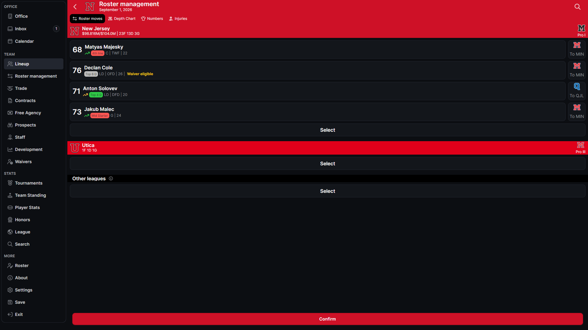 Hockey Legacy Manager Roster Moves screen showing selected players and affiliated and non-affiliated league destinations