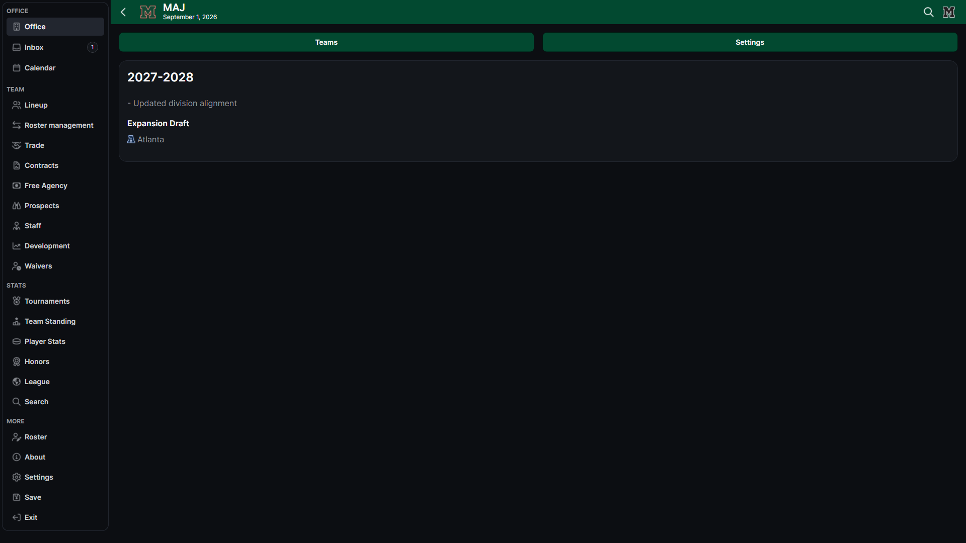 HLM League Settings screen with Teams and Settings controls and a future-season change summary