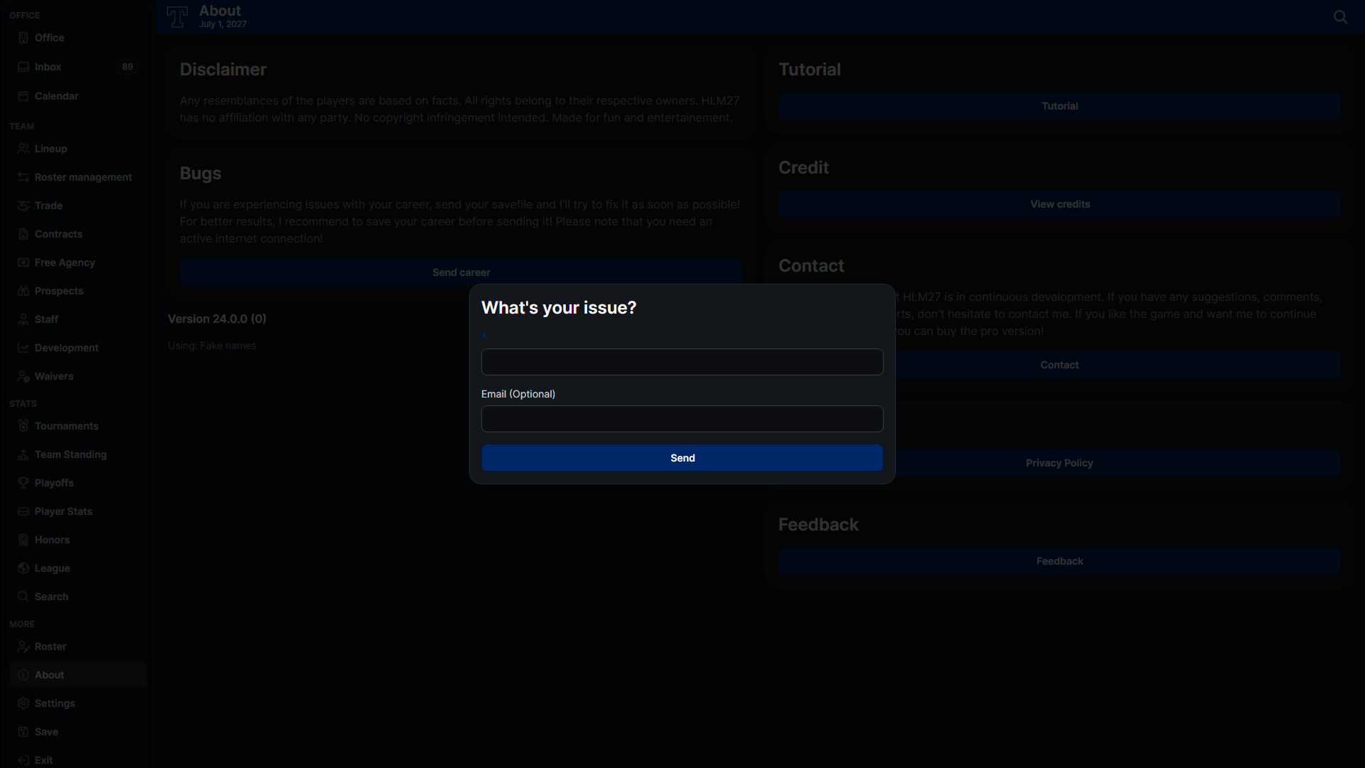 HLM Send Career form with issue description, optional email, and Send button
