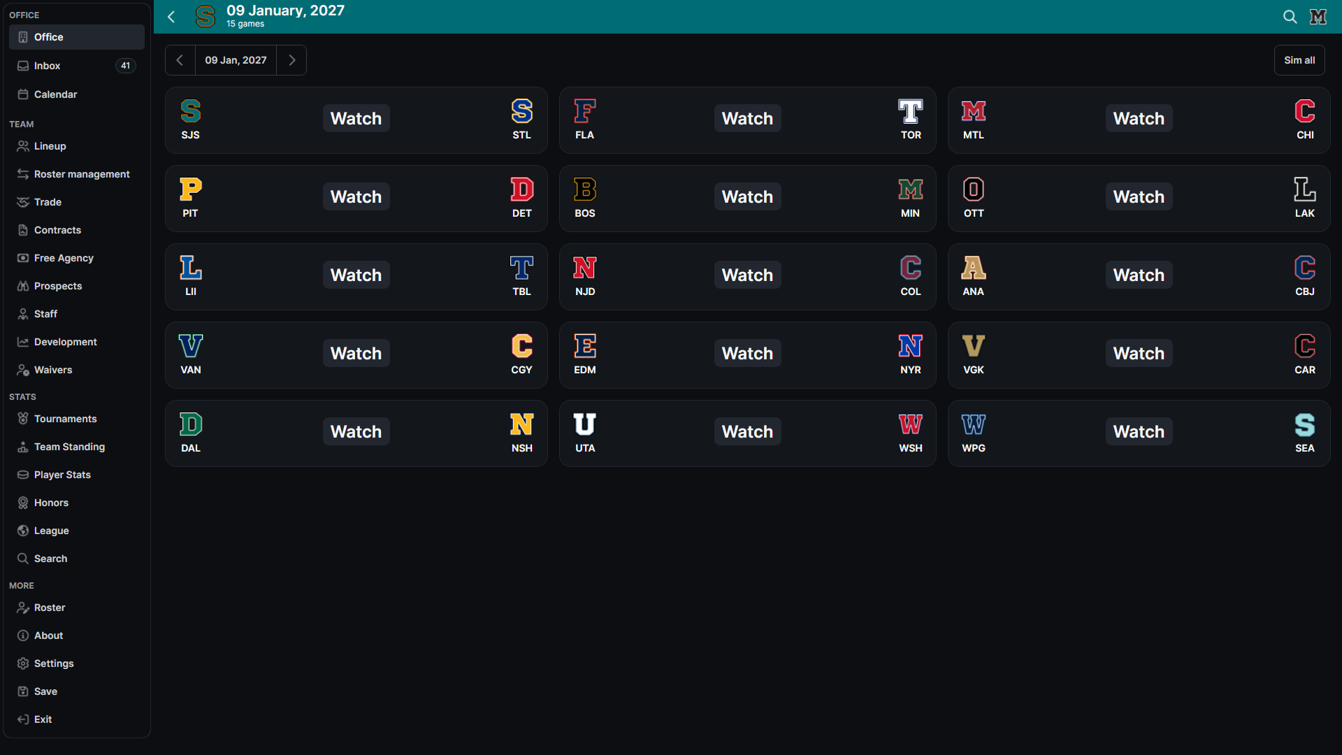HLM Today Games screen with date controls, scheduled games, and the Sim All button