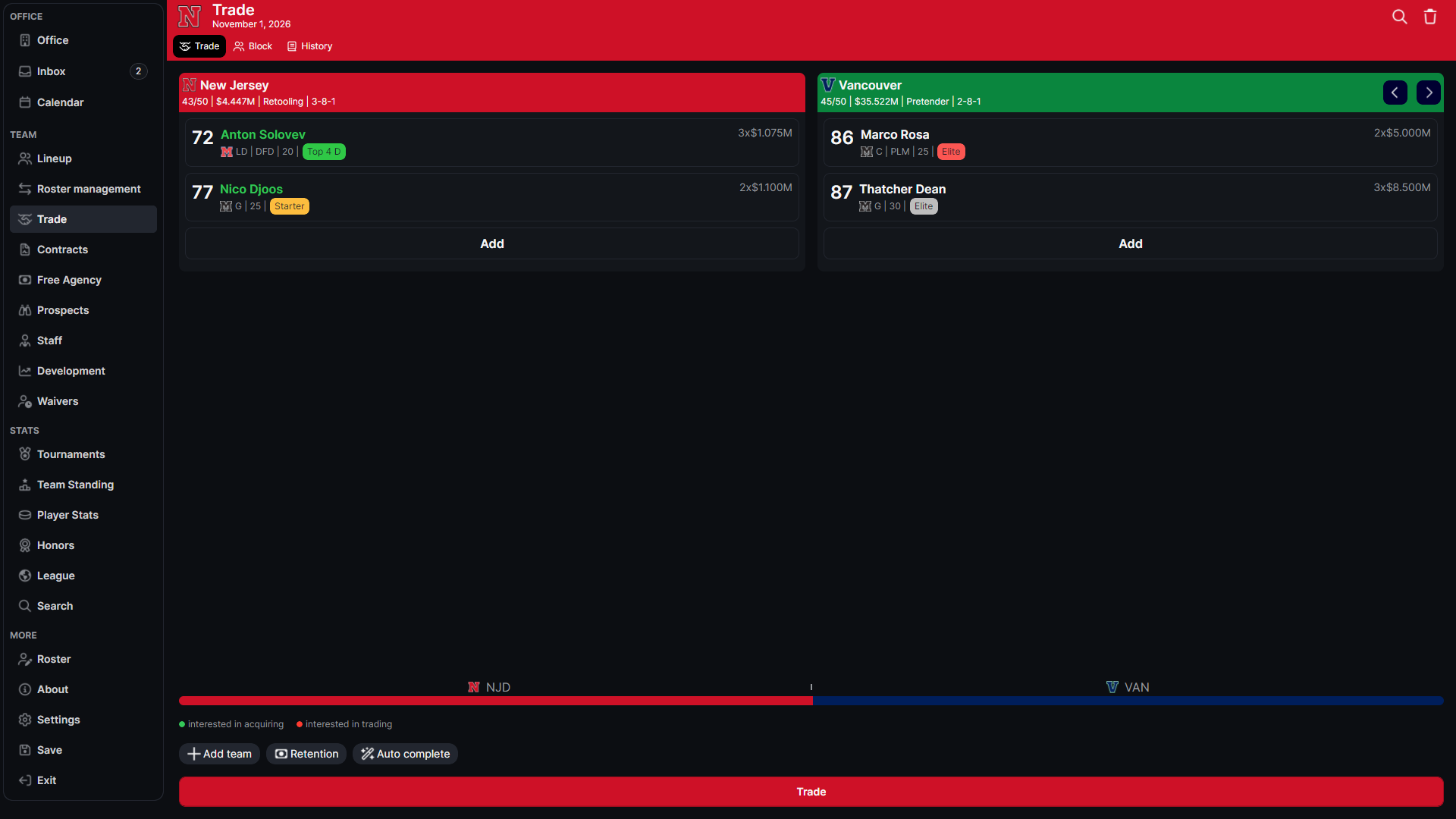 Hockey Legacy Manager Trade screen showing two teams, players and a draft pick in an offer, the trade bar, and trade controls